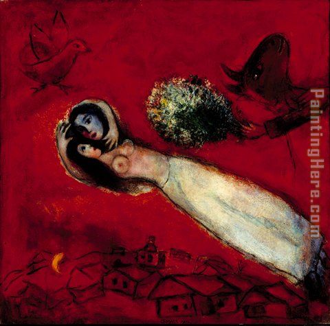 Marc Chagall lovers in the red sky